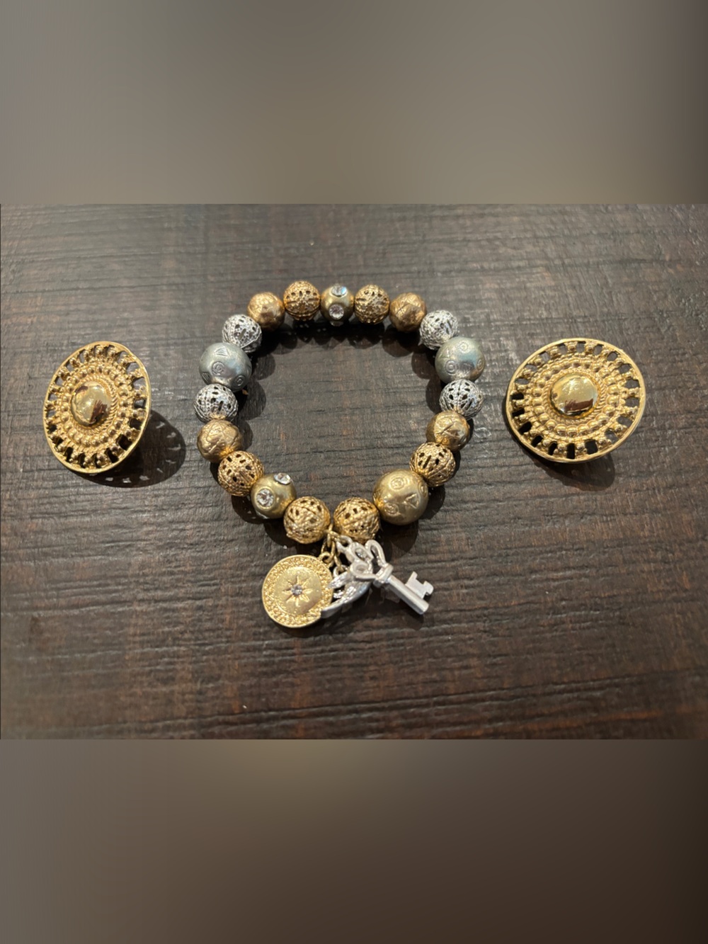 Boho Mixed-Metal Charm Bracelet & Ornate Earrings Set - 2 Piece